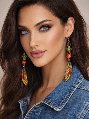 Artisan Hand Crafted Earrings, Painted Wood Feathers Beaded Pierced NWT